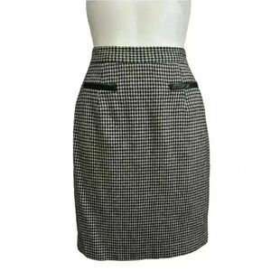 Vintage NEW FRONTIER houndstooth wool pencil mini skirt - leather trim - women 4